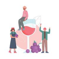 Friends Drinking Wine, Tiny Man Sitting on Huge Wine Glass Cartoon Style Illustration vector