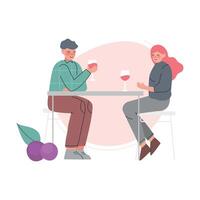 Young Man and Woman Sitting at Table and Drinking Wine, Couple in Love on Date Cartoon Style Illustration vector