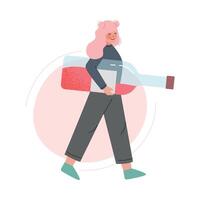 Young Woman Carrying Huge Bottle of Red Wine Cartoon Style Illustration vector