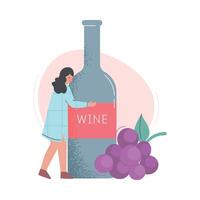 Drunk Woman Hugging Huge Bottle of Wine Cartoon Style Illustration vector