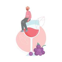 Tiny Young Man Sitting on Huge Glass of Red Wine Cartoon Style Illustration vector