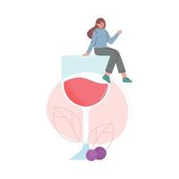 Tiny Young Woman Sitting on Huge Glass of Red Wine Cartoon Style Illustration vector