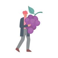 Young Man Carrying Huge Bunch of Grapes Cartoon Style Illustration vector