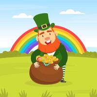 Beautiful Summer Landscape with Leprechaun, Pot of Gold Coins and Rainbow, St. Patricks Day, Traditional Irish Folklore National Character Cartoon Illustration vector