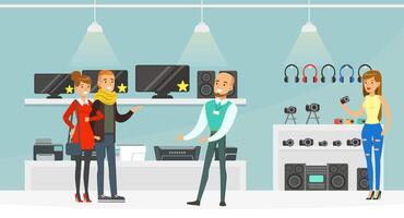 Male Shop Assistant Helping People Choose Electronics at Shopping Mall, Modern Electronics Store or Shop Interior Illustration vector