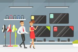 Young Man Choosing and Buying TV at Shopping Mall, Girl Shop Assistant Helping Him, Modern Electronics Store Interior Illustration vector