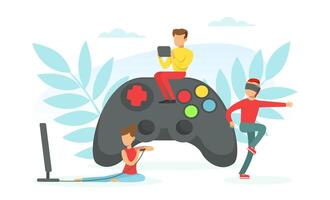 Tiny People Gamers Playing Games Using Play Station Console and VR Glasses, Cybersport, Gaming Addiction, Entertainment Concept Flat Illustration vector