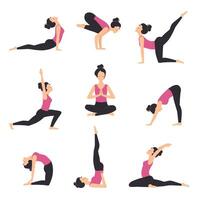 Girl Practicing Various Yoga Positions Set, Slim Sporty Young Woman Training, Meditating, Balancing and Relaxing Flat Style Illustration vector