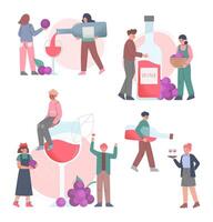 People Making and Tasting Wine Set, Men and Women Spending Time and Relaxing Together Cartoon Style Illustration vector