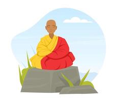 Bald Buddhist Sitting on Stone and Meditating in Yoga Lotus Position Illustration vector