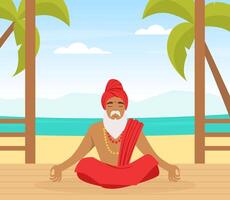 Hindu in Turban Sitting and Meditating in Yoga Lotus Position with Ocean Scenery Illustration vector