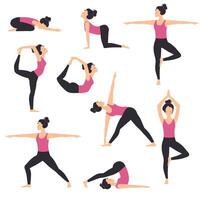 Girl Practicing Various Yoga Positions Set, Slim Sporty Young Woman Training, Balancing and Relaxing, Fitness Workout Flat Style Illustration vector