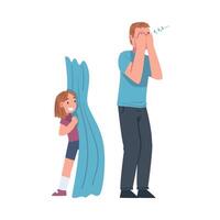 Moustached Dad Playing at Hide-and-seek with His Daughter Illustration vector