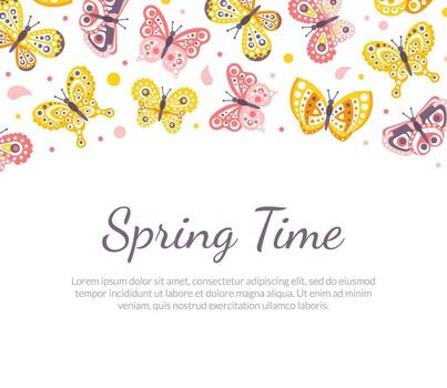 primavera hora bandera modelo con hermosa mariposas sin costura modelo y sitio para texto dibujos animados ilustración vector