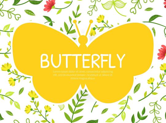 Butterfly Banner Template with Floral Pattern and Winged Gorgeous Creatures Silhouette, Congratulation, Invitation, Cover, Card, Poster Design Cartoon Illustration