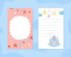 Cute Childish Note Sheet, Template for Congratulation, Invitation, Cover, Notebook, Planning Page, Organizer for Kids with Cute Funny Cat Illustration vector