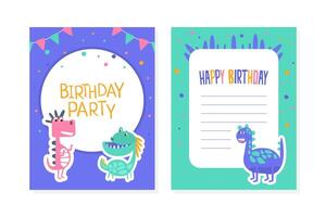 Birthday Party Card with Cute Colorful Dinosaurs, Invitation, Greeting Card Template Cartoon Illustration vector