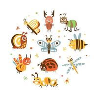 Funny Insects in Circular Shape Banner Template, Cover, Poster, Invitation Card, Flyer Design with Cute Caterpillar, Dragonfly, Ladybug, Grasshopper, Spider Insects Illustration vector
