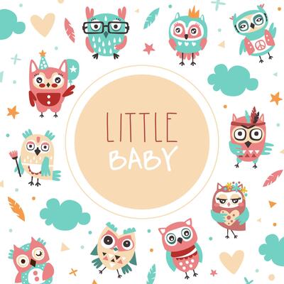 Little Baby Banner Template with Cute Colorful Hand Drawn Owlets Pattern, Cover, Poster, Invitation Card, Flyer Design with Funny Owls Illustration