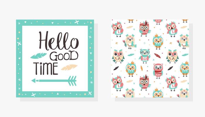 Birthday Party Card with Cute Colorful Hand Drawn Owls Seamless Pattern, Invitation, Greeting Card Template Cartoon Illustration