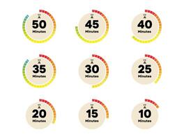 Neutral Colored Timer Circle Set from 10 to 50 Minutes for UX Countdown or Reminder Widget vector