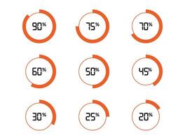 Orange Percentage Circular Progress Icons from 20percent to 90 percent for Dashboard or Infographic vector