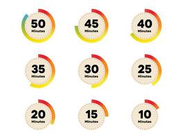 Countdown Timer Icons in Orange and Yellow from 10 to 50 Minutes for Clock or Schedule UI vector