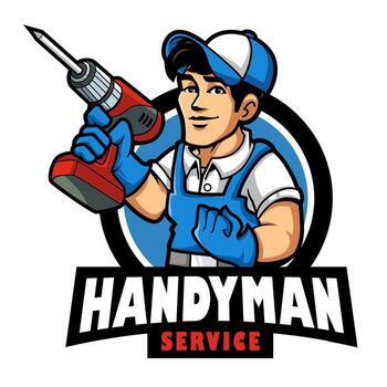 Handyman Mascot Holding Power Drill Repair Service Logo vector