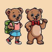 fun bear boy and girl in school uniform colorful cartoon character isolated drawing line style sketch classic vintage design illustration vector