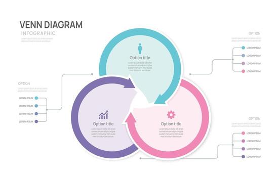infographic business Venn diagram circle arrow chart template 3 steps options, presentation with venn diagram elements illustration. vector