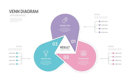 infographic business Venn diagram circle chart template 3 steps options, presentation with venn diagram elements illustration. vector