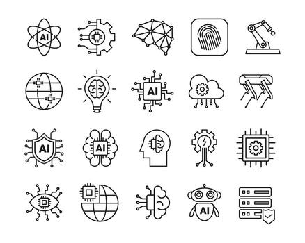 Artificial intelligence technology icons set, modern ai tech line icons with editable stokes, robotic hand, spot robot dog, ai chip, security, cloud computing, ai agent, neural network, ai human head vector
