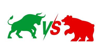 Bull vs bear stock market illustration, green bullish versus red bearish trend silhouette. vector