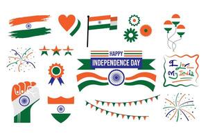 Indian Independence Day graphic elements- flag, banner, balloons, stars, heart, ribbon, flowers, fireworks, and many more, 14 August Indian Freedom Day celebration elements.Tiranga flag, tricolor. vector