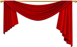 Red curtain hanging gracefully on a golden rod, creating an elegant frame against a pristine white background, ideal for enhancing presentations, announcements, or special events vector