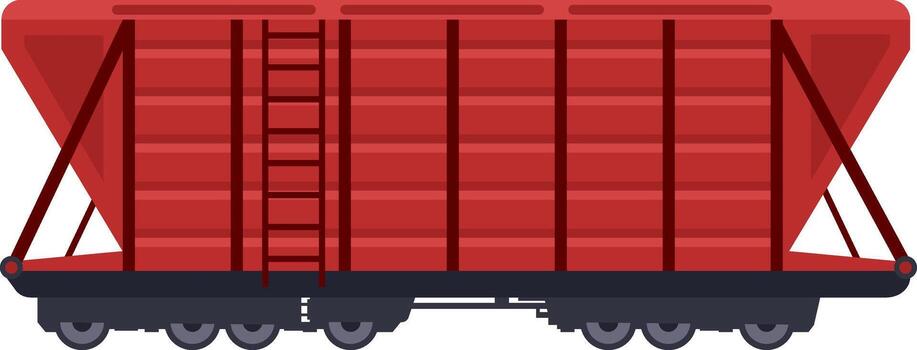 Red hopper railcar standing on railway tracks, featuring open doors at each end, designed for efficient bulk material transportation across long distances vector