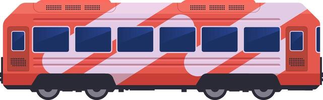 Red train wagon with large windows and stylized livery is waiting for departure at the station, offering comfortable and efficient public transport vector