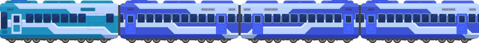 Seamless horizontally repeatable illustration of a modern passenger train with blue and light blue carriages standing on rails, isolated on white background vector