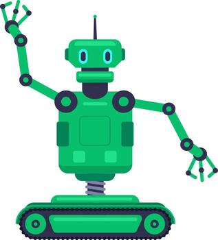 Green automaton with tank tracks waving and moving, featuring antenna, robotic arms, and a spring mechanism, embodies futuristic technology and artificial intelligence vector