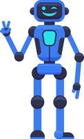Friendly blue robot waving, winking, and showing peace sign, symbolizing artificial intelligence, innovation, and positive interactions between humans and machines vector