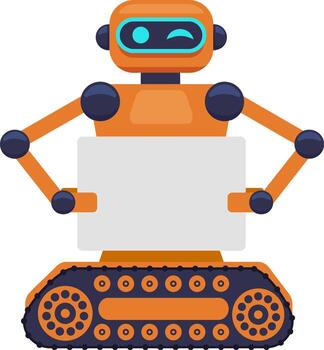 naranja rastreado robot parpadeo sus ojo mientras participación un blanco firmar con sus articulado brazos, sugerencia un personalizable mensaje o anuncio espacio vector