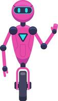Funny pink robot with one wheel, waving and welcoming, embodies a futuristic vision while delivering a message of innovation and progress in technology and automation vector