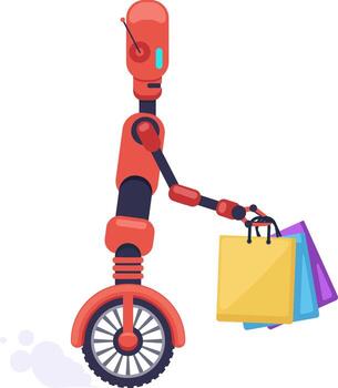 Modern red delivery robot riding a monowheel while carrying colorful shopping bags, highlighting the concepts of artificial intelligence and automatic delivery services in a futuristic setting vector