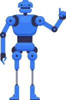 Modern blue robot pointing upward with its finger against a white background, representing the concept of artificial intelligence in a flat illustration, embodying innovation and technology vector