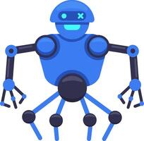 Blue spider robot standing with arms outstretched, featuring multiple legs and a friendly face, representing advanced robotics and artificial intelligence vector