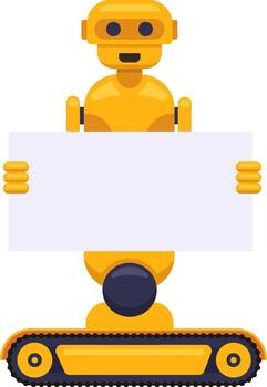 Smiling yellow delivery robot on wheels, holding a blank sign with ample copy space, set against a clean white background, showcasing a friendly and futuristic design vector