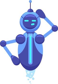 Puzzled floating robot, with a hand on its head and arms spread, glows with curiosity while emitting small bubbles, symbolizing questioning in a tech driven world vector