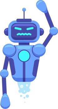 Angry blue robot with an antenna is raising its arm and flying with propulsion, expressing its discontent and disapproval through its facial expression vector