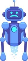Cartoonish blue robot hovering with a sad expression displayed on its digital screen, reflecting feelings of malfunction and emotional distress in a futuristic design vector
