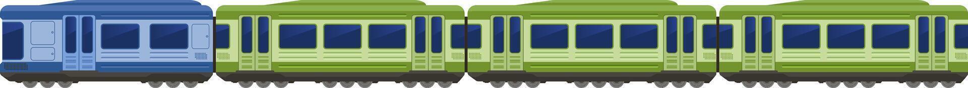 Blue and green carriages of a modern electric train standing still on a white background, representing public transport and sustainable travel vector